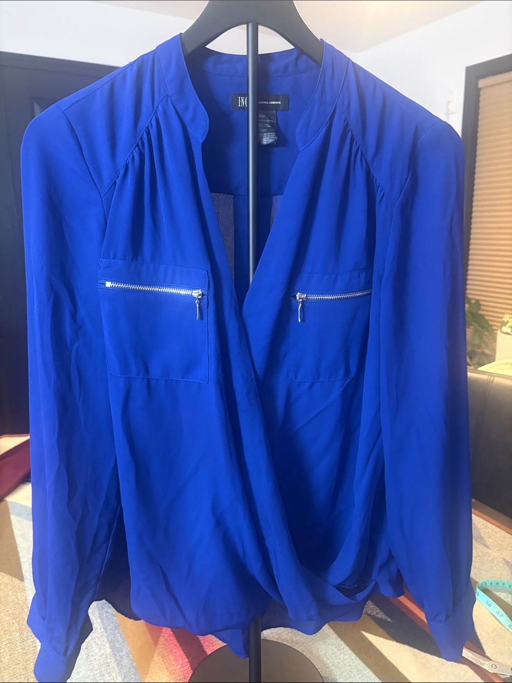 INC International Concepts Cobalt Blue Surplice Blouse with Zip Pockets